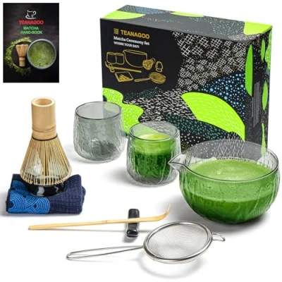 Imagen de TEANAGOO Juego de Matcha Batidor Tazón con pico vertedor Cuchara Soporte Kit para Hacer Té. Té Japonés (7pcs) + 2 Tazas(5.6oz),S22,Cristal Gris Oscuro,