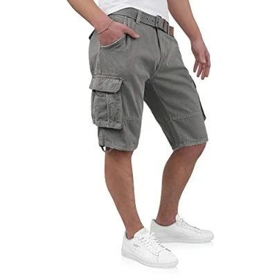 Imagen de Indicode Kjeld pantalones cortos cargo para hombre con 6 bolsillos, incluye cinturón de tela algodón 100%, bermudas verano hombre, gris, 4XL