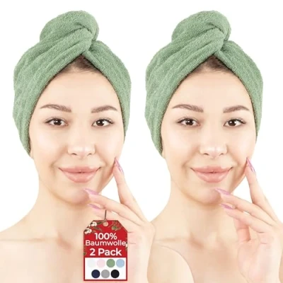 Imagen de Hammetex Toallas de pelo 100% algodón para mujer, 2 unidades, mullidas y absorbentes rápidas, secado rápido, turbante con botón, color verde salvia