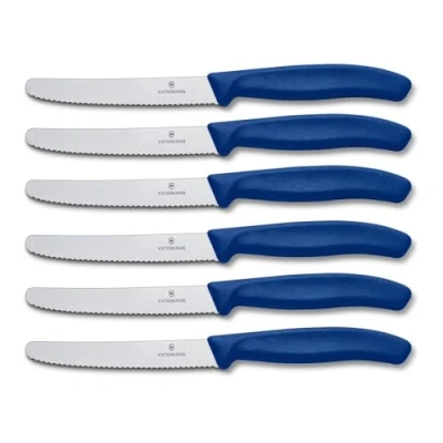 Imagen de Victorinox Swiss Classic, set cuchillos cocina para tomate (6 piezas) con filo dentado y hoja de 11 cm, aptos el lavavajillas color azul