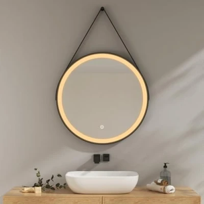 Imagen de EMKE Espejo Baño con Luz 60 cm Diámetro, LED Redondo Interruptor tactil + Regulable 3 Colores Función de Memoria, Marco Negro Bandolera Ajustable Pared Modelo C