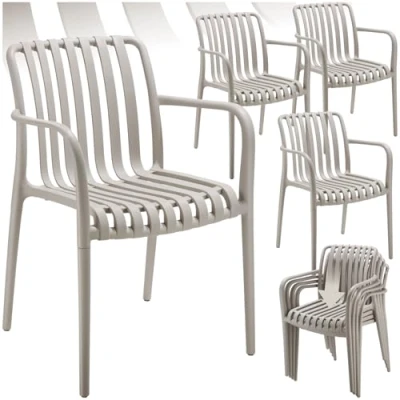 Imagen de TecTake® Sillas Terraza Exterior Apilables, Plástico Resistente, Antideslizante, Fácil de Montar, Muebles Resistentes, Jardin Set 4 con Reposabrazos Gris Topo