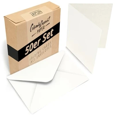Imagen de Japun Juego de 50 tarjetas plegables en blanco que incluye sobres, cartas para diseñar, etiquetar o imprimir DIN A6 / C6