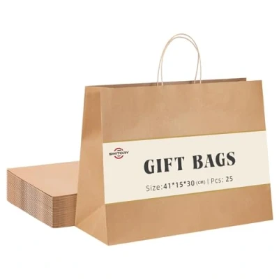 Imagen de Switory bolsa de papel Kraft 25 piezas con asas, grande regalo compras marrón 40x15x30cm asas retorcidas para fiesta, embalaje, personalización, transporte, venta al por menor