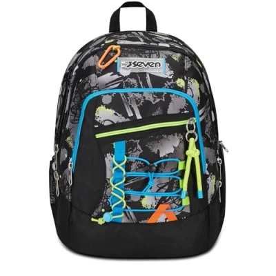 Imagen de Seven mochila escolar avanzada, color negro azul, con estampado de chico, doble bolsillo para ordenador portátil y botella agua, escuela ocio, niños adolescentes,