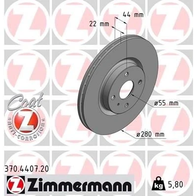 Imagen de ZIMMERMANN 370.4407.20 Disco de freno 280 22 5/4 4 100 ventilación interna revestido MAZDA: MX 5 IV, ABARTH: 124 Spider