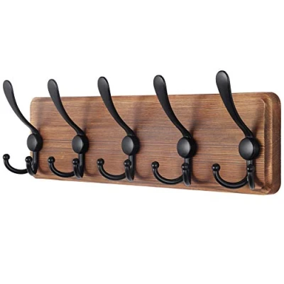 Imagen de SKOLOO perchero rústico montado en la pared, 44cm de pared madera real pino con 5 ganchos triples, colgador para colgar mochila, chaqueta, sombrero