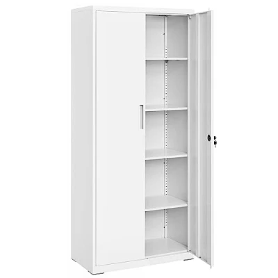 Imagen de SONGMICS Armario de Almacenamiento Acero, Multiuso, con 5 Baldas Ajustables, Puertas Dobles, Cerradura, Armaio Herramientas, para Garaje, Estudio, Blanco Grisáceo OMC015W01