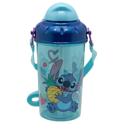 Imagen de Botella infantil de plástico con pajita, tapa correa 465 ml Stitch