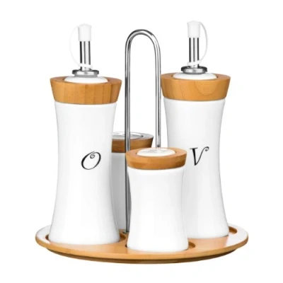 Imagen de Premier Housewares Juego de aceitera, vinagrera, salero y pimentero (cerámica bambú), diseño cóncavo, Color Blanco