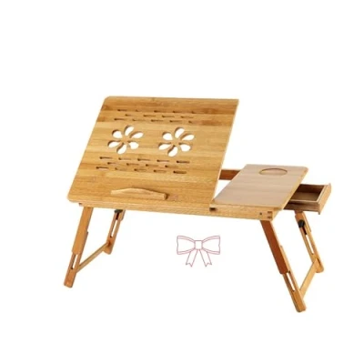 Imagen de HUOLE Mesa Auxiliar para Ordenador de Portátil Bambú Bandeja Cama Desayuno Plegable Reclinable Altura Ajustable Soporte (66 * 35 30cm Color Madera)