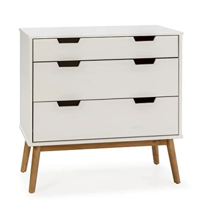 Imagen de HOMN LIVING Cómoda de Noche Baku 3 cajones Blanco, Madera Maciza, 80 cm (Ancho) 40 (Profundo) 87 (Altura)