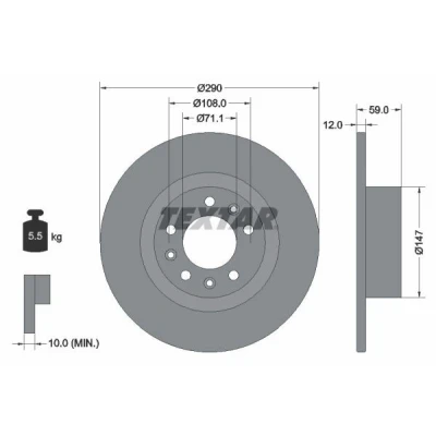 Imagen de TEXTAR 92313603 Disco de freno 290 12 05/08 108 macizo revestido sin perno sujeción rueda, buje rueda PEUGEOT: 508 I SW