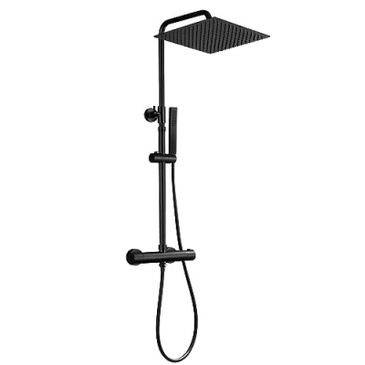 Imagen de JOHO Columna de Ducha Negro con Grifo Termostático Termostática Monomando Barra Altura Ajustable Mano y Alcachofa para Lluvia Cuadrada 30x30cm