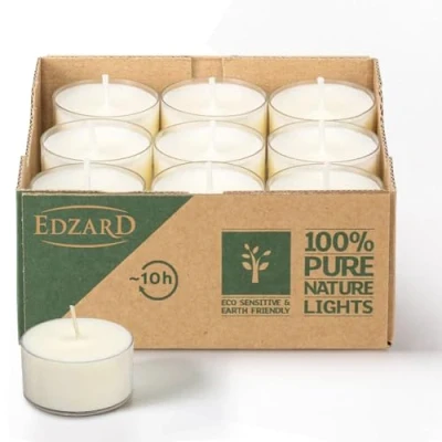 Imagen de EDZARD 18 velas de té, color blanco, cera colza, funda plástico transparente, duración combustión aprox. 7 h