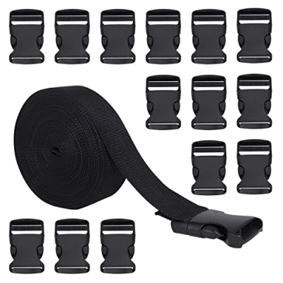Imagen de RETON 32MM 10 Yardas Negro Correa de Nylon Correas + 15 Piezas Hebillas Ajustables plástico Lateral liberación (32MM, Piezas)