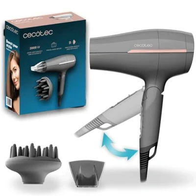 Imagen de Cecotec Secador de Pelo Viaje IoniCare Power&amp;Go Heaven Grey. 2000W, 2 Temperaturas, Velocidades, Función Aire Frío, Boquilla Concentradora y Difusor, Anilla para Colgar