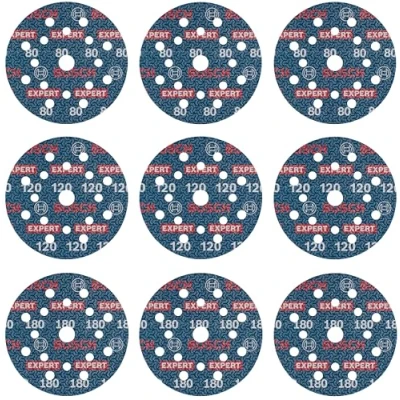Imagen de Bosch 9x Set de 9 discos lija para láminas EXPERT O780, 125 mm (para Madera dura, Pintura sobre madera, Ø mm, Grano 3x80, 3x120, 3x180, Professional Accesorios Lijadora excéntrica)