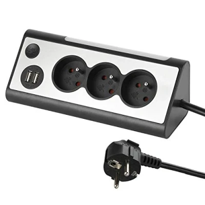 Imagen de Electraline 35430 Regleta de 3 enchufes Esquina con 2 Puertos USB Interruptor Encendido/Apagado para encender y Apagar el LED, Cable 1,5 m, Gris/Noir