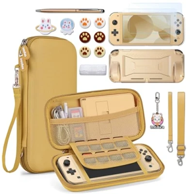 Imagen de innoAura Funda Switch Lite 18 en 1 Paquete de Accesorios para con Transporte Lite, Estuche Juegos Switch, Protector Pantalla Soporte Switch(Marrón)