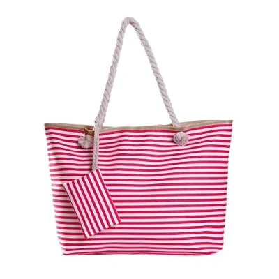 Imagen de Bolso de Playa Grande con Cremallera Hombro a Rayas Fucsia y Blanco