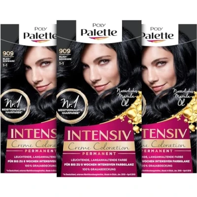 Imagen de Palette Intensive Cream Coloration 1 1/909 Blue Black Level 3 (3 x 115 ml), tinte permanente para el cabello hasta 8 semanas de brillo intenso y cobertura 100% canas