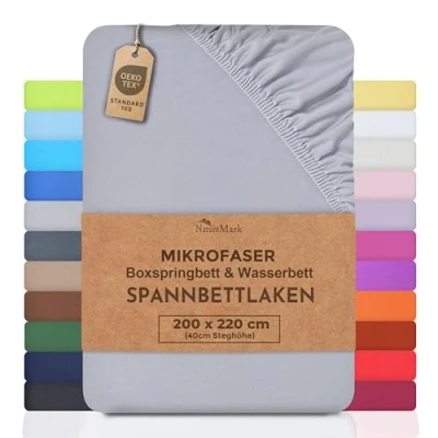 Imagen de NatureMark sábana bajera ajustable de microfibra para cama con somier y agua, 200 x 220 cm, altura 40 100% poliéster, color plateado/gris claro