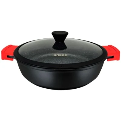 Imagen de briebe Black Titanium Cacerola Baja de Cocina Inducción Antiadherente Titanio, Cazuela 28cm, Aluminio Fundido, Recubrimiento sin PFOA, Tapa Cristal, Asas Silicona, Vitrocerámica, Gas, Horno