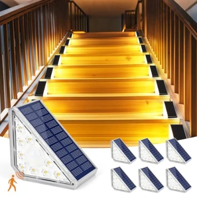 Imagen de Czemo Lámparas solares para exteriores, 6pcs iluminación de escaleras, lámpara solar con sensor movimiento, 1200 mAh, 3000 K, luz blanca cálida, IP67, resistente al agua, jardín, escalones