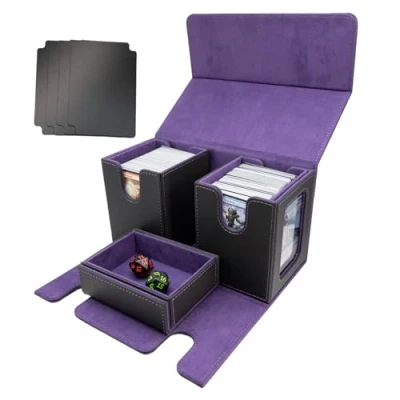 Imagen de TheQuotium MTG Commander Deck Box Espacio para más de 200 tarjetas, caja juego cartas con ventana 3 en 1, imán organizador tarjetas Magic TCG CCG, 4 divisores