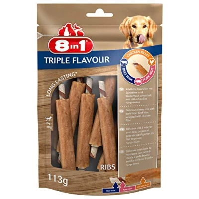 Imagen de 8in1 Triple Flavour Ribs Varillas para Masticar Perros con Mucha Carne Extra, Bolsa de 113 g (Aprox. 6 Unidades)