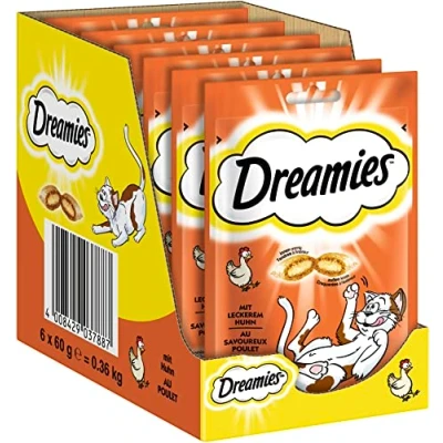 Imagen de Dreamies Clásicos Aperitivos para Gatos con Pollo Bolsas crujientes de ensueño Relleno Delicado 6 x 60 g (6 Unidades)