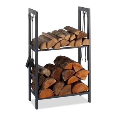 Imagen de Relaxdays, 100 x 60 30 cm Leñero Interior con 2 Estantes y 4 Colgadores para Accesorios Chimenea, Acero, Antracita