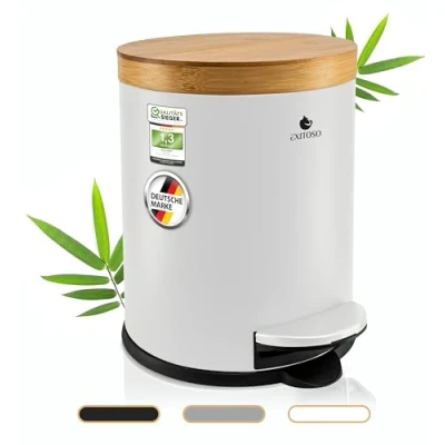 Imagen de Exitoso cubo de basura para baño 5 L, color blanco, con tapa madera bambú y dispositivo descenso automático, almohadilla antideslizante, acero inoxidable