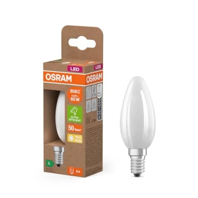 Imagen de OSRAM Energy Class en forma clásica de mini vela, 3,8 W / 806 lm, EEK A, luz blanca cálida (2700 K), CRI 80, fabricada vidrio esmerilado sin plomo, casquillo E14, IP20, 35 mm diámetro.