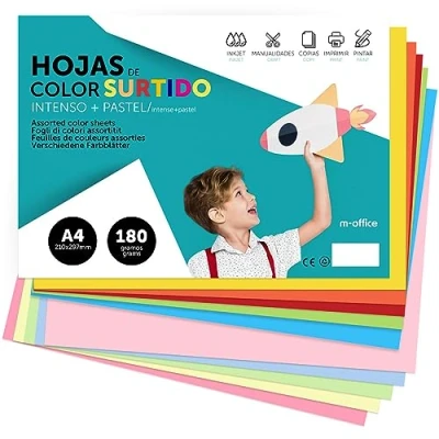 Imagen de Cartulina de Colores, A4 Colores Surtidos, Folios 180gr para Manualidades, Imprimir Documentos y Diseños Creativos, · m office (x100 Surtido Intenso+Pastel)