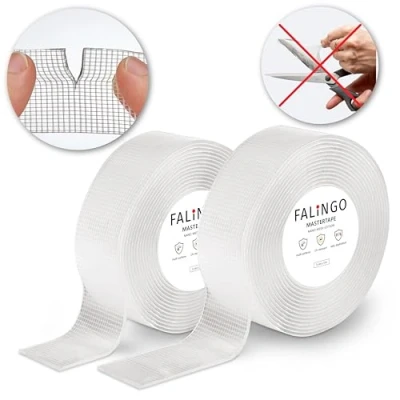 Imagen de FALINGO Cinta adhesiva de doble cara rasgable a mano reutilizable extra fuerte pegar en lugar perforar transparente 2 rollos (3 cm x 3 m)