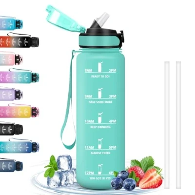 Imagen de Botella Agua, Agua 1 Litro, Gimnasio con Pajita, a Prueba de Fugas, Motivacional, Fácil Limpiar, Cantimplora para Senderismo, Outdoor, Correr, Ciclismo, Acampar