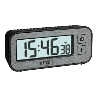 Imagen de TFA Dostmann Radio Despertador Digital con Interruptor de Temperatura y Humedad, 60.2522.10, valores máximos mínimos, Alarma Radio, Viaje, pequeño, sin tictac, Gris