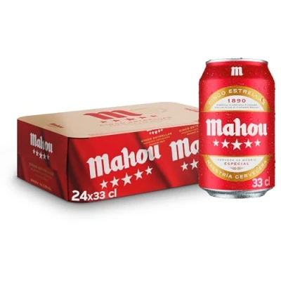 Imagen de Mahou 5 Estrellas, Pack de 24 Latas x 33 cl, Cerveza Especial Dorada Lager, Sabor 5,5% Volumen Alcohol