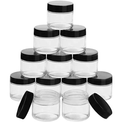 Imagen de Belle Vous Tarros de Cristal con Tapa Negra Plástico (Pack 12) 60 ml Frascos Vidrio Redondos para Cosméticos Botes Viajes, Cremas, Lociones, Ungüento, Maquillaje y Aceites Esenciales