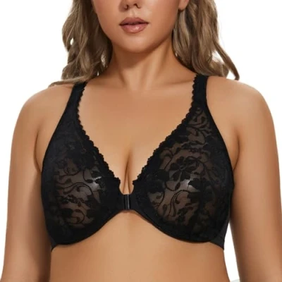 Imagen de MELENECA Sujetador con Aros y Encaje elástico Espalda Cruzada Cierre Frontal para Mujer Negro 100C