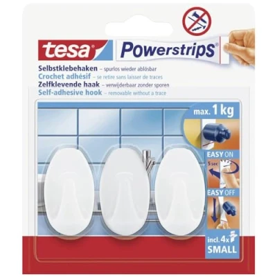 Imagen de tesa Powerstrips Ganchos Pequeños Ovalados Gancho Adhesivo Removible para Cristal, Azulejos, Madera, Plástico y Otras Superficies Impermeable Blanco Soporta hasta 1 kg