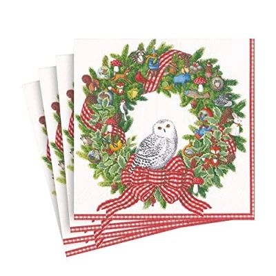 Imagen de Caspari Snowy Owl Wreath Paper Luncheon Napkins, 20 per Package Servilletas de Papel Paquete, Multicolor