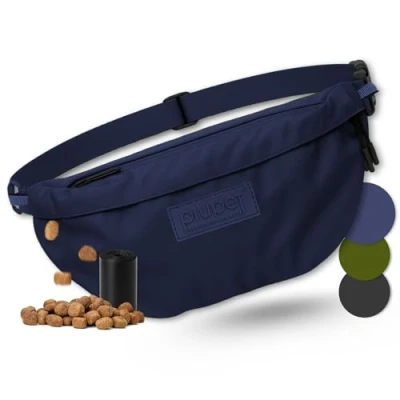 Imagen de PiuPet® Bolsa de golosinas para Perros I Elegante e Impermeable con 3 Compartimentos Cremallera Riñonera 2 en 1 adiestramiento y Bandolera (Azul)