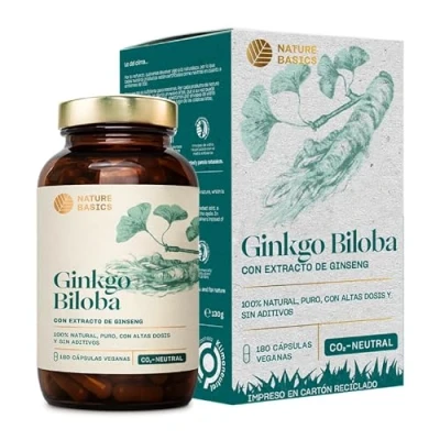 Imagen de Nature Basics® Ginkgo Biloba natural sostenible en tarro de ámbar 180 cápsulas veganas altamente dosificadas 115mg y 40mg extracto Ginseng por dosis diaria