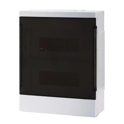 Imagen de LION Electric Caja de fusibles para montaje en superficie, 24 módulos, armario 2 filas, color blanco con puerta transparente, sin halógenos, entrada cable ambientes húmedos, protección