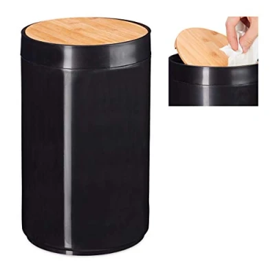 Imagen de Relaxdays Cubo de Basura para baño, Tapa oscilante, Moderno, Bambú &amp; Plástico, 5,5L, 26,5 x 18 cm, 1 Ud, Negro, 26.5 cm