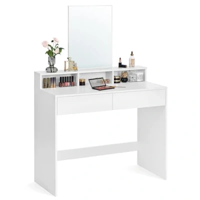 Imagen de VASAGLE Tocador con Espejo Grande, tocador, 2 cajones, 3 Compartimentos Abiertos, Moderno, Blanco RDT163W01