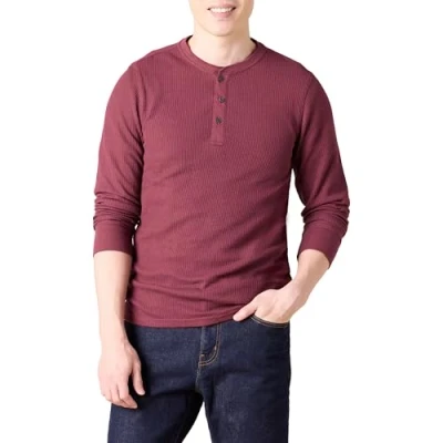 Imagen de Amazon Essentials Camisa Henley de Panal Abeja Manga Larga con Ajuste Entallado Hombre, Burdeos, M